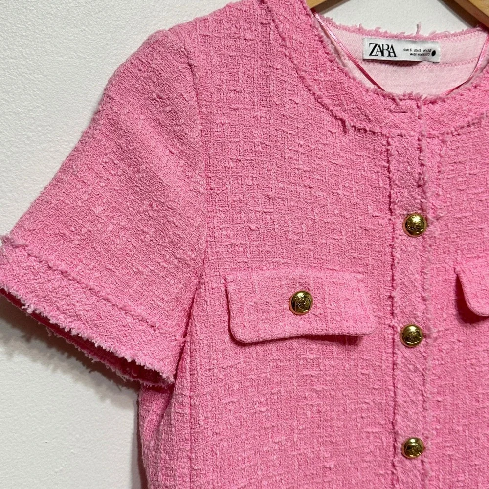 Zara Tweed Mini Dress Womens Small Pink Short Sleeve Blogger Fave Preppy *Flaw - Picture 6 of 15